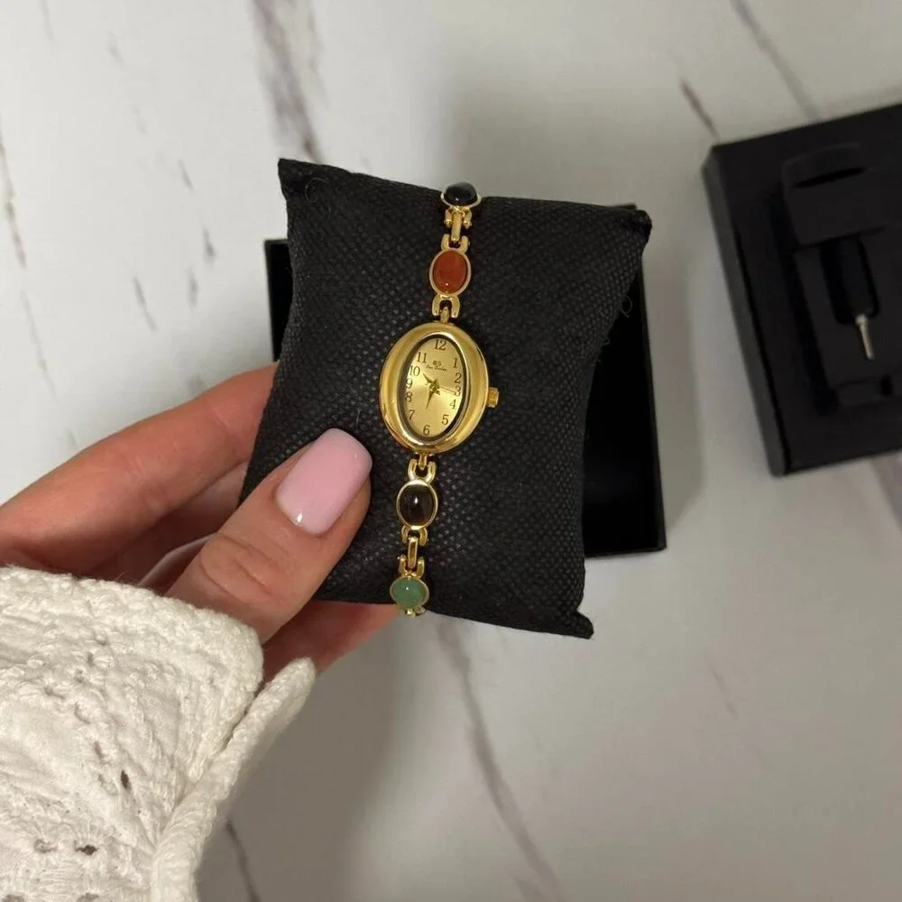 Sku0463 cute gold mini watch bracelet‎ with multicoloured natural stone inserts